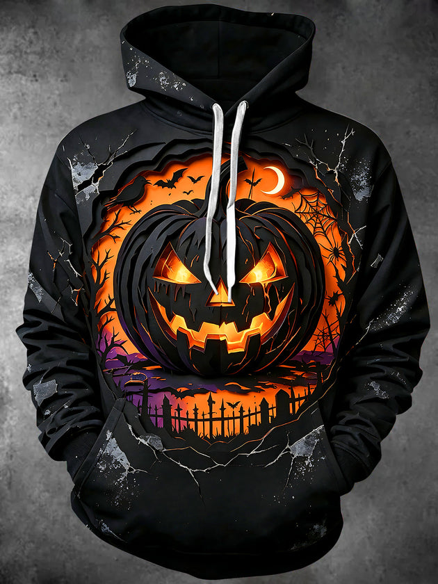 Adaychic Men's Long Sleeve Hoodie - Halloween Jack-o-lantern And Graveyard Scene Print