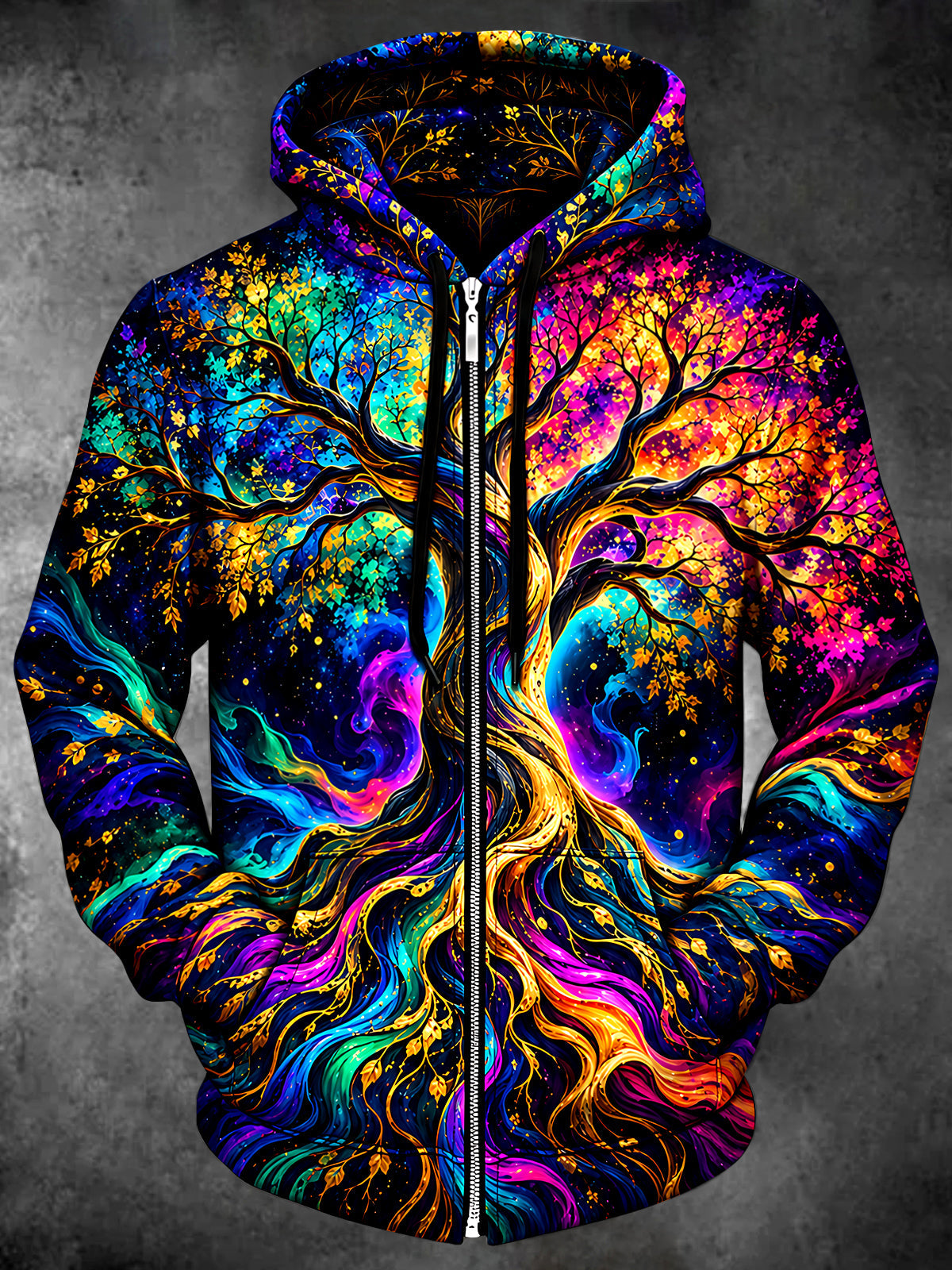 Adaychic Men's Long Sleeve Zip-Up Hoodie - Colorful Tree Of Life With Cosmic Background Print