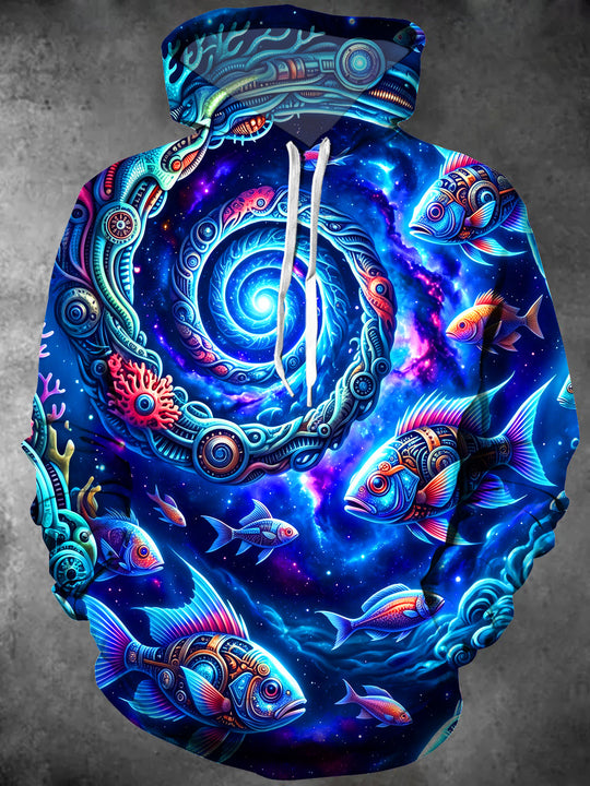 Adaychic Men's Long Sleeve Hoodie - Mechanical Deep Sea Fish And Nebula Vortex Print