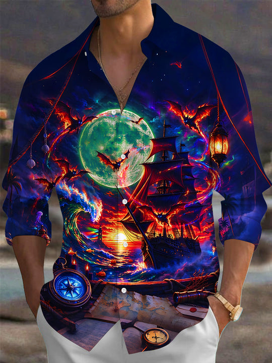 Adaychic Men's Long Sleeve Shirt - Ghost Pirate Ship And Bats Under Full Moon Print with Chest Pocket