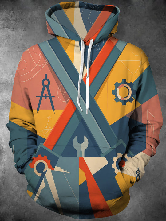 Adaychic Men's Patterned Geometric Engineering Tools Print Long Sleeve Hoodie