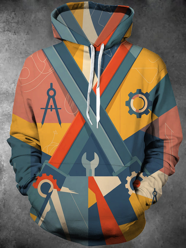 Adaychic Men's Patterned Geometric Engineering Tools Print Long Sleeve Hoodie