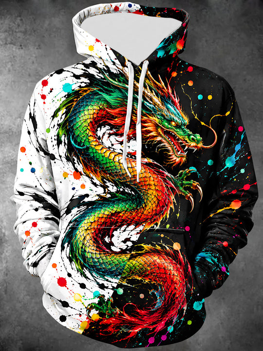 Adaychic Men's Colorful Dragon With Paint Splatters Print Long Sleeve Hoodie