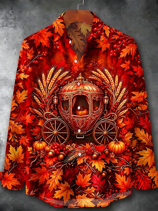 Adaychic Men's Autumn Carriage With Pumpkins And Leaves Print Long Sleeve Shirt with Chest Pocket