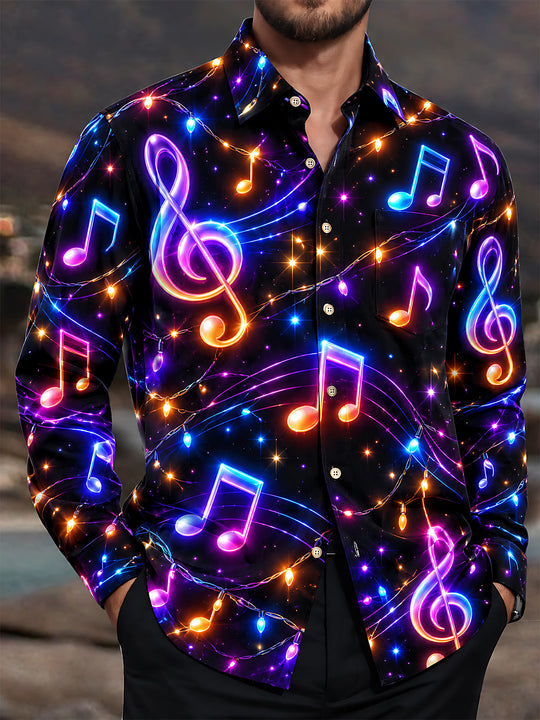 Adaychic Men's Graphic Music Notes And Treble Clefs Print Long Sleeve Shirt with Chest Pocket