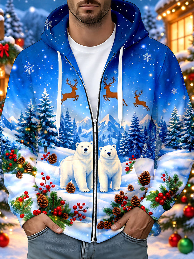 Adaychic Men's Long Sleeve Zip-Up Hoodie - Christmas Polar Bears And Reindeer In Snowy Forest Print with Kangaroo Pocket