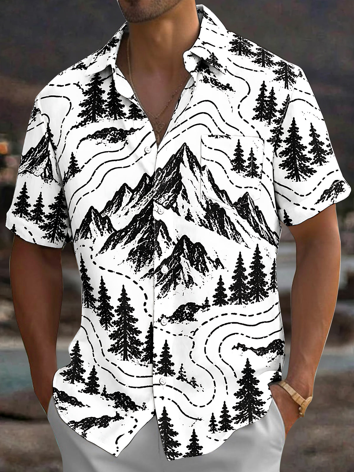 Adaychic Men's Short Sleeve Shirt - Mountain Landscape With Pine Trees And Topographic Lines Print with Chest Pocket