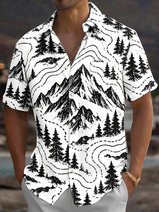 Adaychic Men's Short Sleeve Shirt - Mountain Landscape With Pine Trees And Topographic Lines Print with Chest Pocket