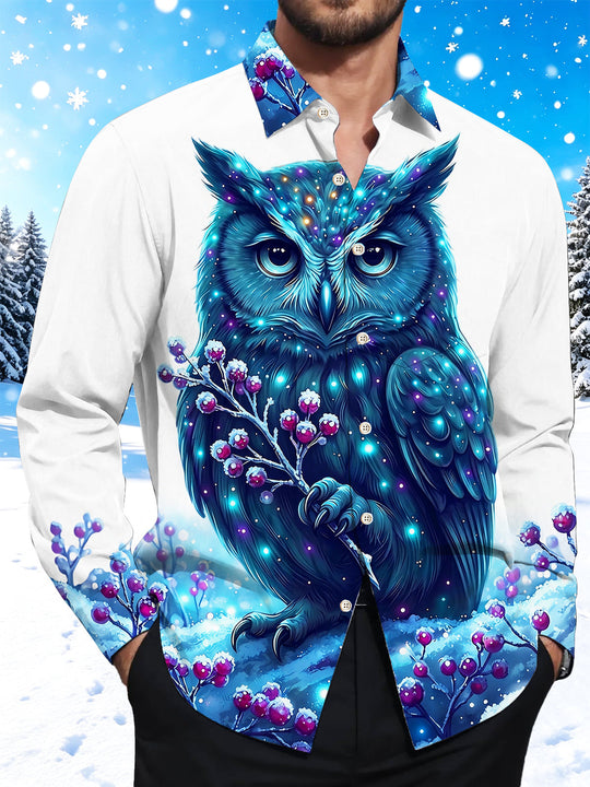Adaychic Men's Graphic Blue Owl With Snowy Berries Print Long Sleeve Shirt with Chest Pocket