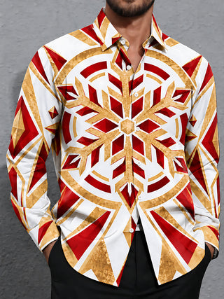 Adaychic Men's Printed Geometric Snowflake Pattern Long Sleeve Shirt with Chest Pocket