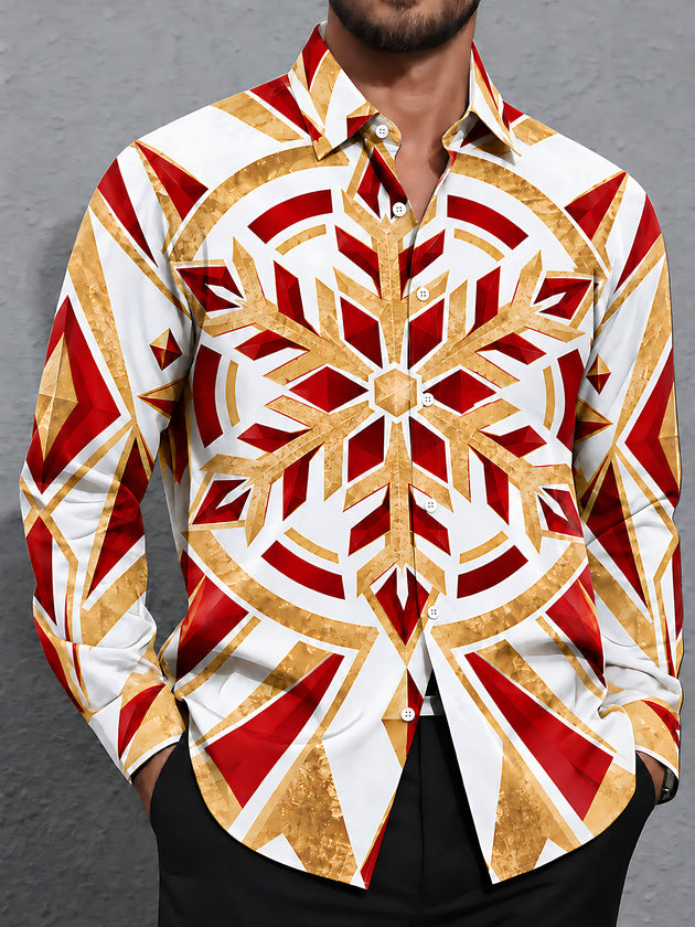 Adaychic Men's Printed Geometric Snowflake Pattern Long Sleeve Shirt with Chest Pocket