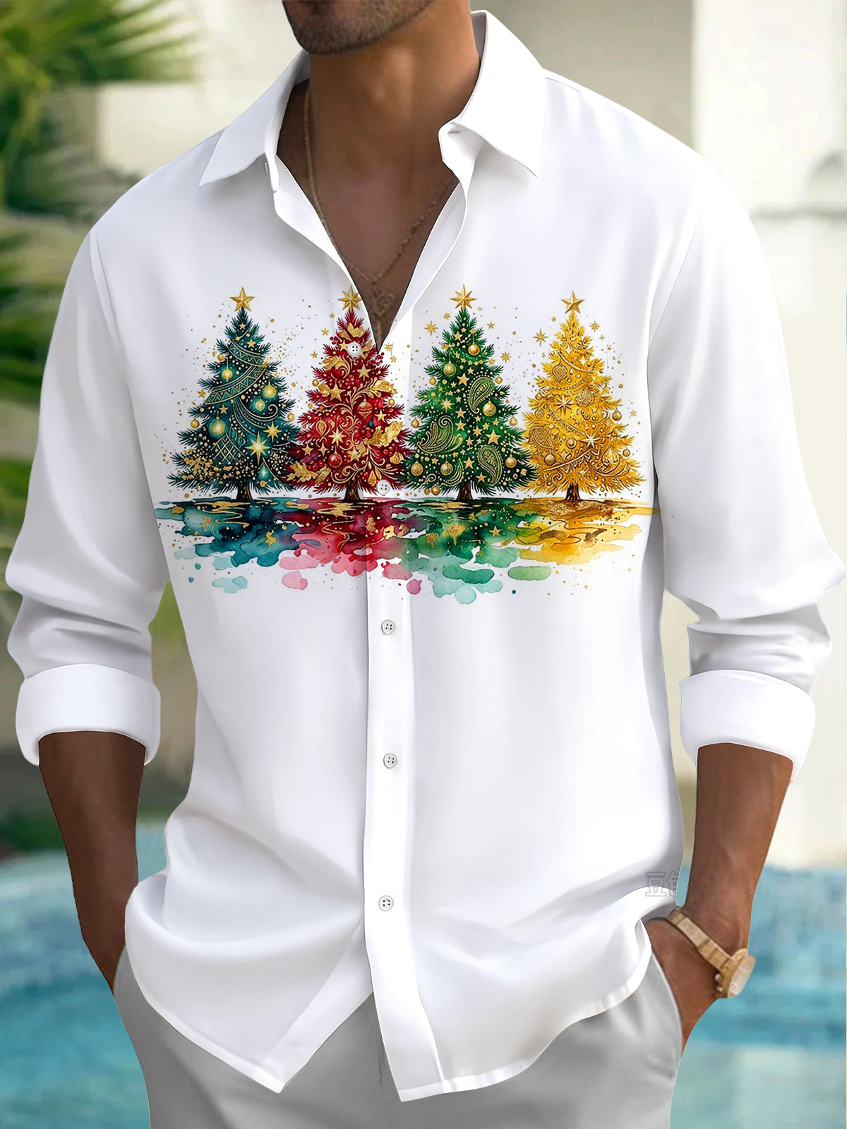 Adaychic Men's Long Sleeve Shirt - Watercolor Christmas Trees With Ornaments And Stars Print with Chest Pocket