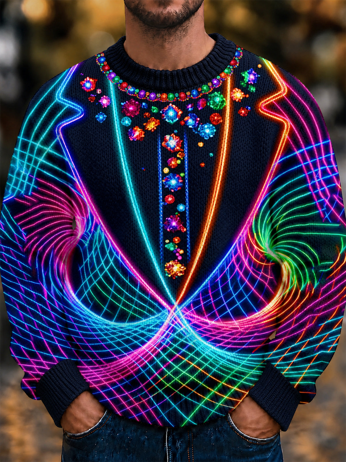 Adaychic Men's Long Sleeve Crew Neck Sweater - Neon Light Grid And Floral Patterns Print