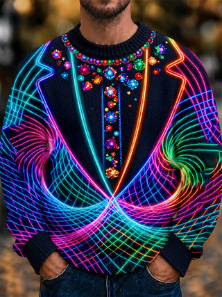 Adaychic Men's Long Sleeve Crew Neck Sweater - Neon Light Grid And Floral Patterns Print