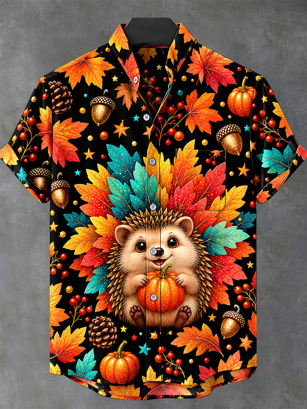 Adaychic Men's Short Sleeve Stand Collar Shirt - Hedgehog Holding A Pumpkin With Autumn Leaves Print with Chest Pocket