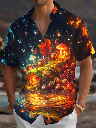 Adaychic Men's Autumn Forest Mushrooms And Acorns Print Short Sleeve Shirt with Chest Pocket