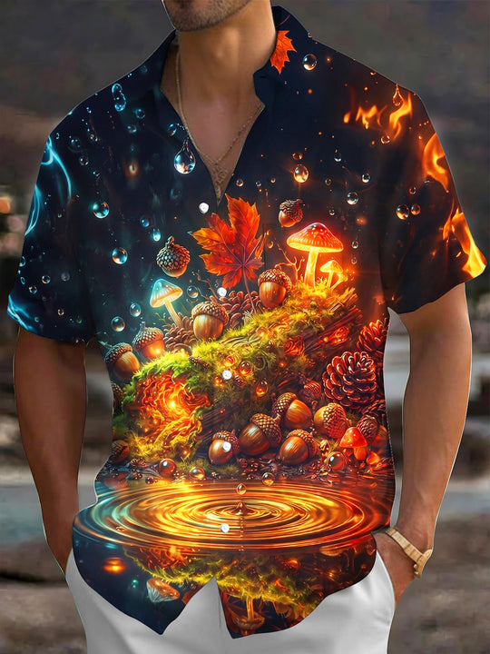 Adaychic Men's Autumn Forest Mushrooms And Acorns Print Short Sleeve Shirt with Chest Pocket