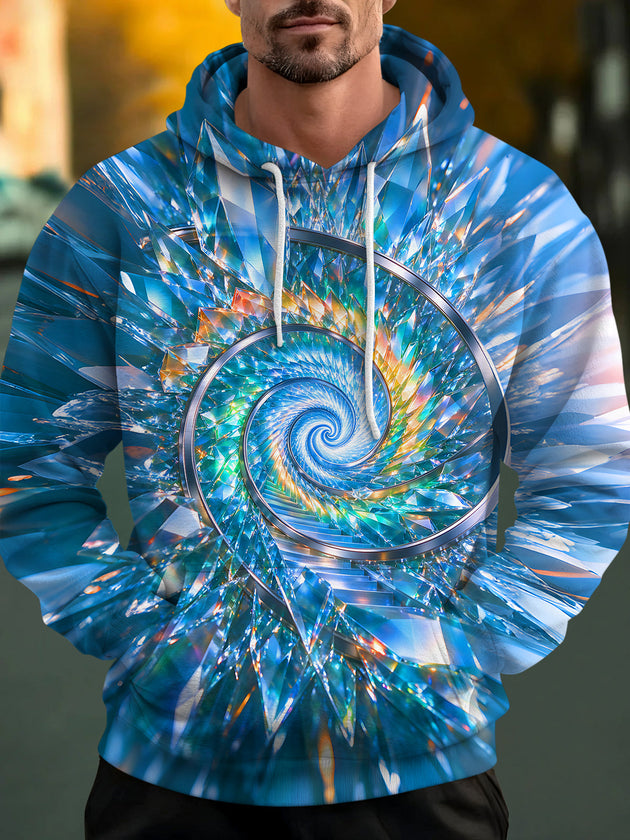 Adaychic Men's 3D Crystal Spiral Geometric Pattern Long Sleeve Hoodie