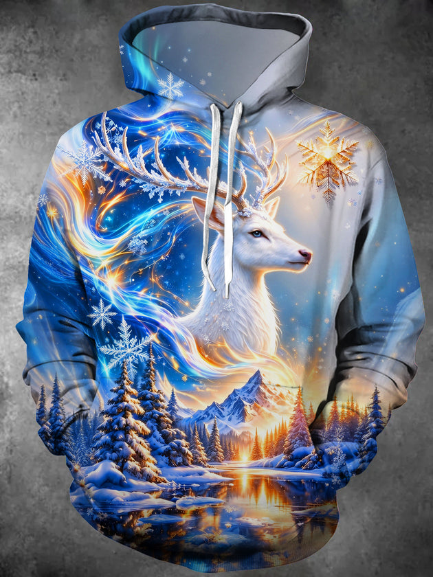 Adaychic Men's White Deer And Winter Forest Landscape Print Long Sleeve Hoodie