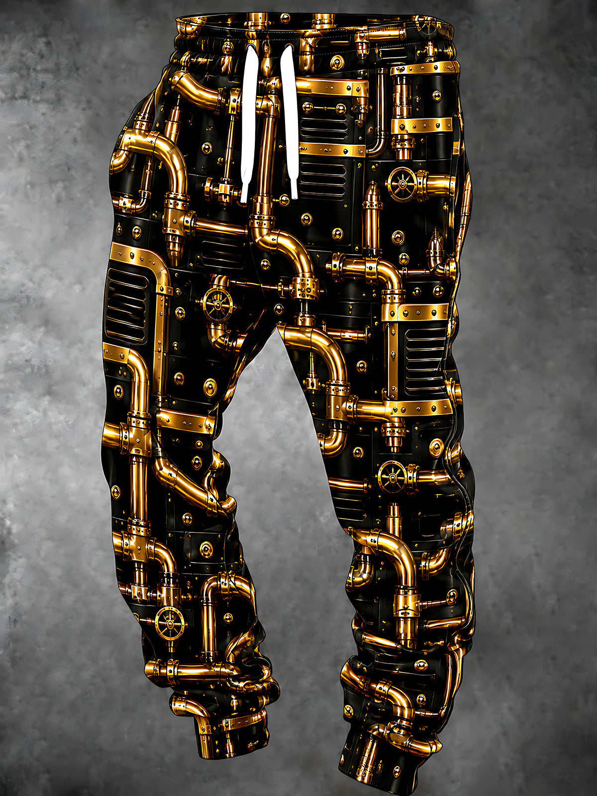Adaychic Men's Retro Steampunk Gold Pipes And Mechanical Panels Print Pants