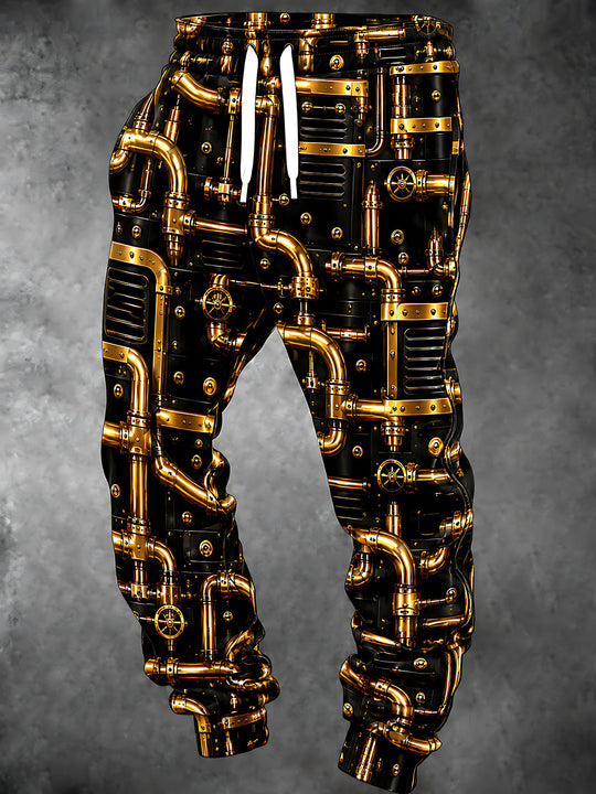 Adaychic Men's Retro Steampunk Gold Pipes And Mechanical Panels Print Pants
