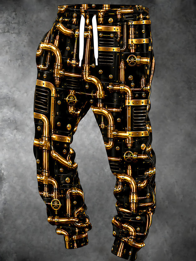 Adaychic Men's Retro Steampunk Gold Pipes And Mechanical Panels Print Pants