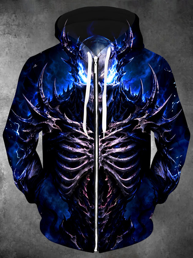 Adaychic Men's Long Sleeve Zip-Up Hoodie - Demon Skull With Blue Flame And Ribcage Print with Kangaroo Pocket