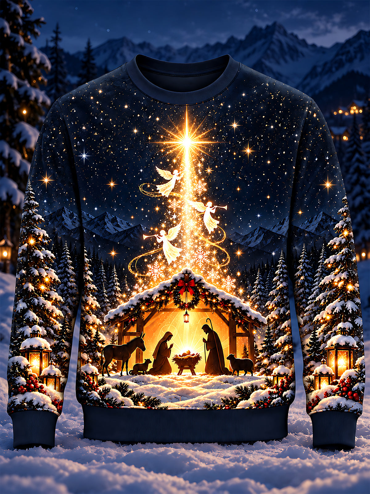 Adaychic Men's Long Sleeve Crew Neck Sweatshirt - Nativity Scene With Angels And Star Print