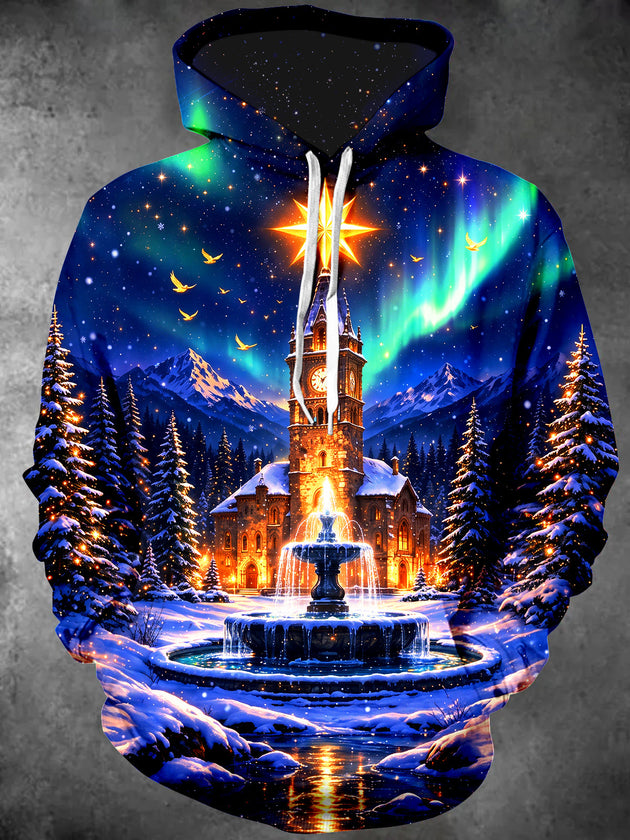 Adaychic Men's Long Sleeve Hoodie - Winter Mountain Clock Tower And Fountain Print