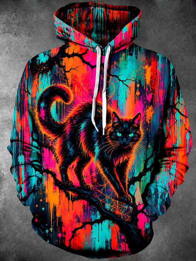 Adaychic Men's Graphic Black Cat On Tree Branch Print Long Sleeve Hoodie