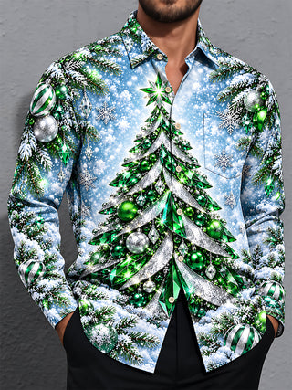 Adaychic Men's Long Sleeve Shirt - Christmas Tree With Ornaments And Snowflakes Print with Chest Pocket