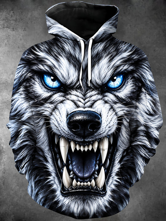Adaychic Men's Graphic Wolf Head Print Long Sleeve Hoodie