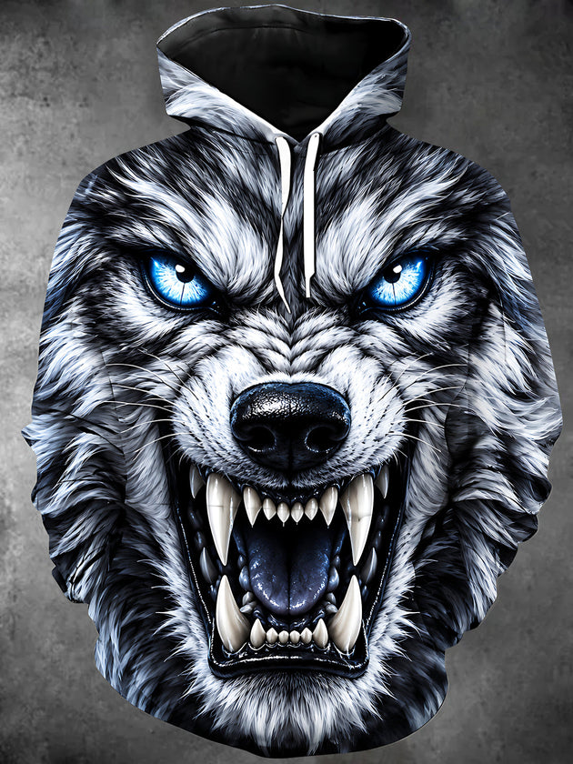 Adaychic Men's Graphic Wolf Head Print Long Sleeve Hoodie