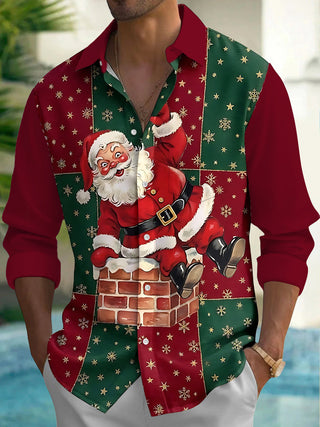 Adaychic Men's Printed Santa Claus On Chimney Print Long Sleeve Shirt with Chest Pocket