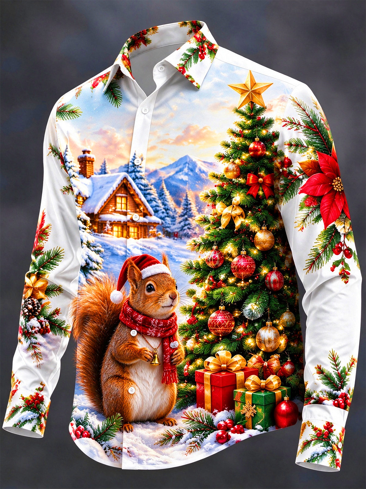 Adaychic Men's Squirrel In Santa Hat And Christmas Tree Print Long Sleeve Shirt with Chest Pocket