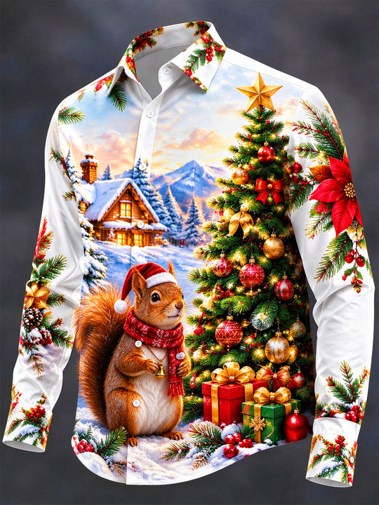 Adaychic Men's Squirrel In Santa Hat And Christmas Tree Print Long Sleeve Shirt with Chest Pocket