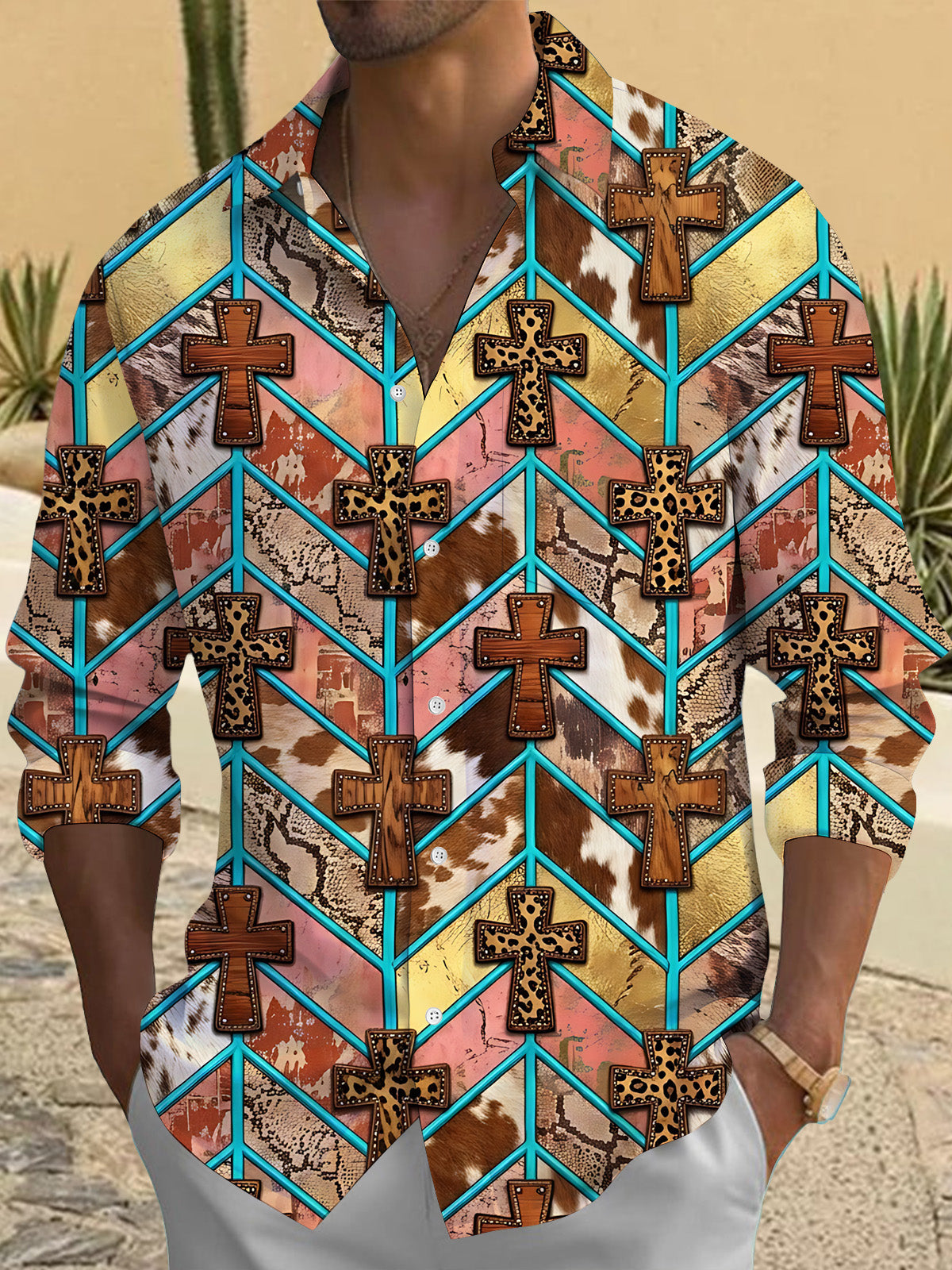 Adaychic Men's Long Sleeve Shirt - Crosses With Animal Prints And Geometric Lines Print with Chest Pocket