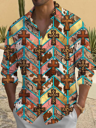 Adaychic Men's Long Sleeve Shirt - Crosses With Animal Prints And Geometric Lines Print with Chest Pocket