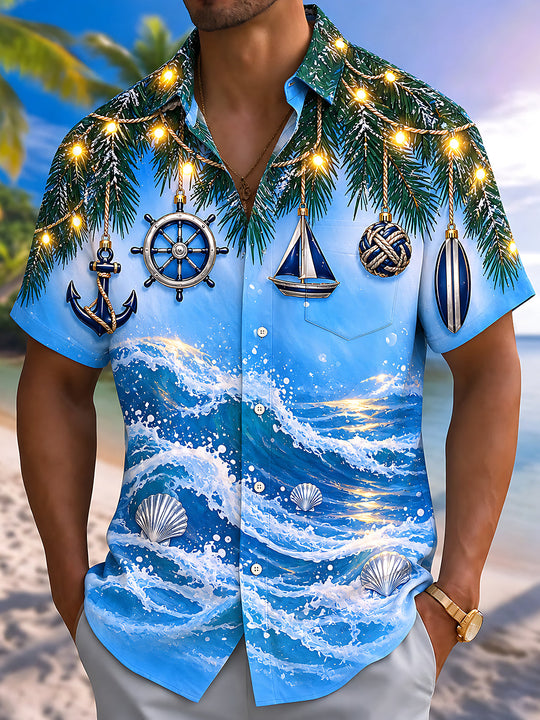 Adaychic Men's Short Sleeve Shirt - Christmas Pine Branches And Nautical Ornaments Print with Chest Pocket