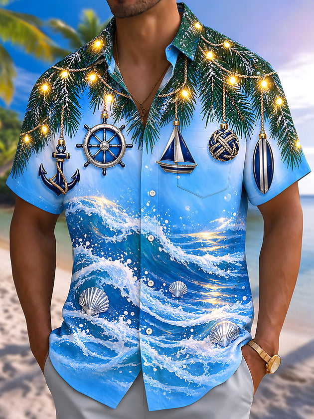 Adaychic Men's Short Sleeve Shirt - Christmas Pine Branches And Nautical Ornaments Print with Chest Pocket
