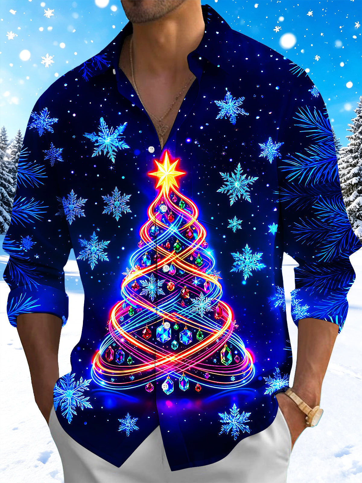 Adaychic Men's Long Sleeve Shirt - Neon Light Spiral Christmas Tree With Ornaments Print with Chest Pocket