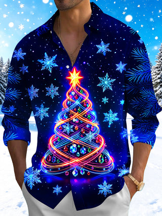 Adaychic Men's Long Sleeve Shirt - Neon Light Spiral Christmas Tree With Ornaments Print with Chest Pocket