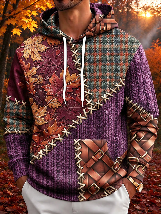 Adaychic Men's Autumn Maple Leaves And Leather Straps Print Long Sleeve Hoodie