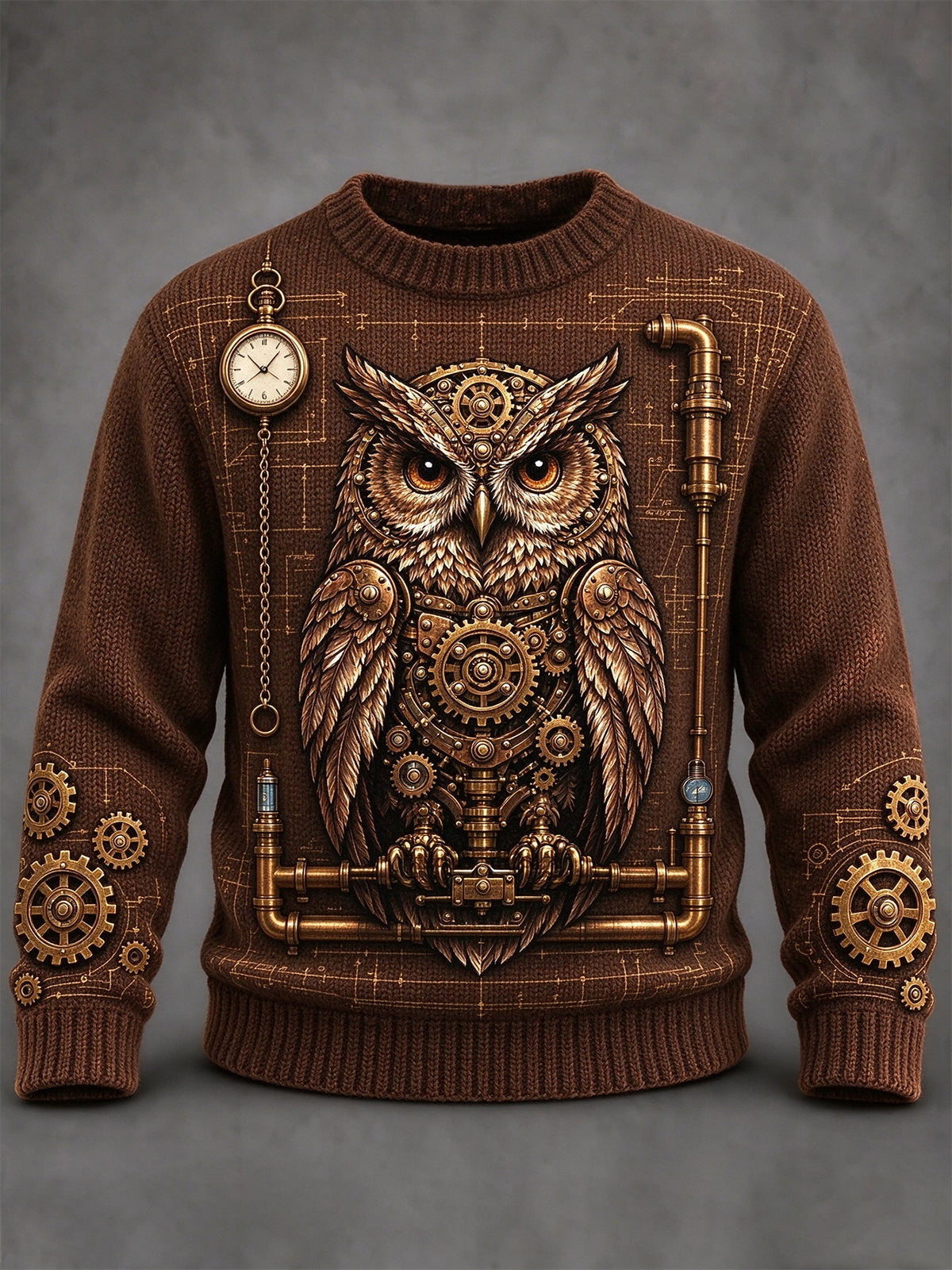 Adaychic Men's Long Sleeve Crew Neck Sweater - Steampunk Owl With Gears And Clockwork Print