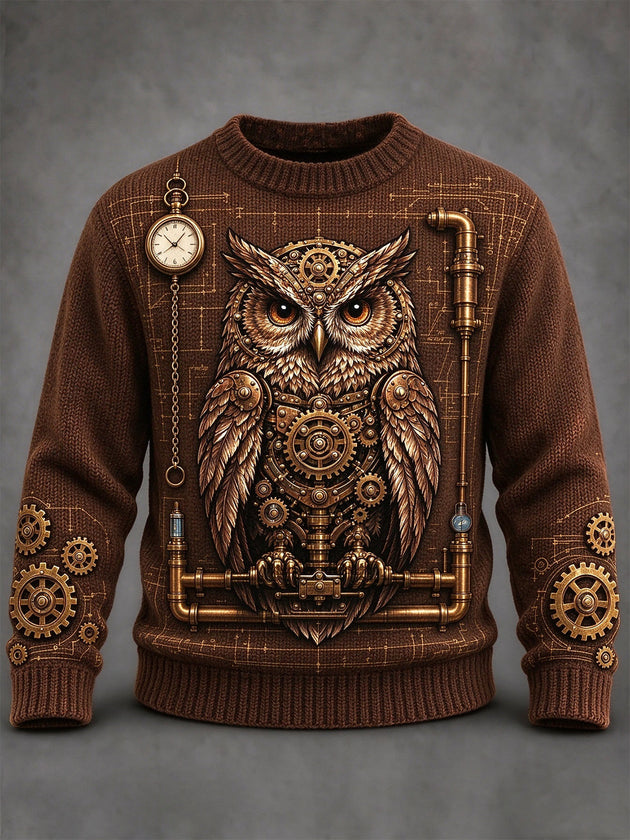 Adaychic Men's Long Sleeve Crew Neck Sweater - Steampunk Owl With Gears And Clockwork Print