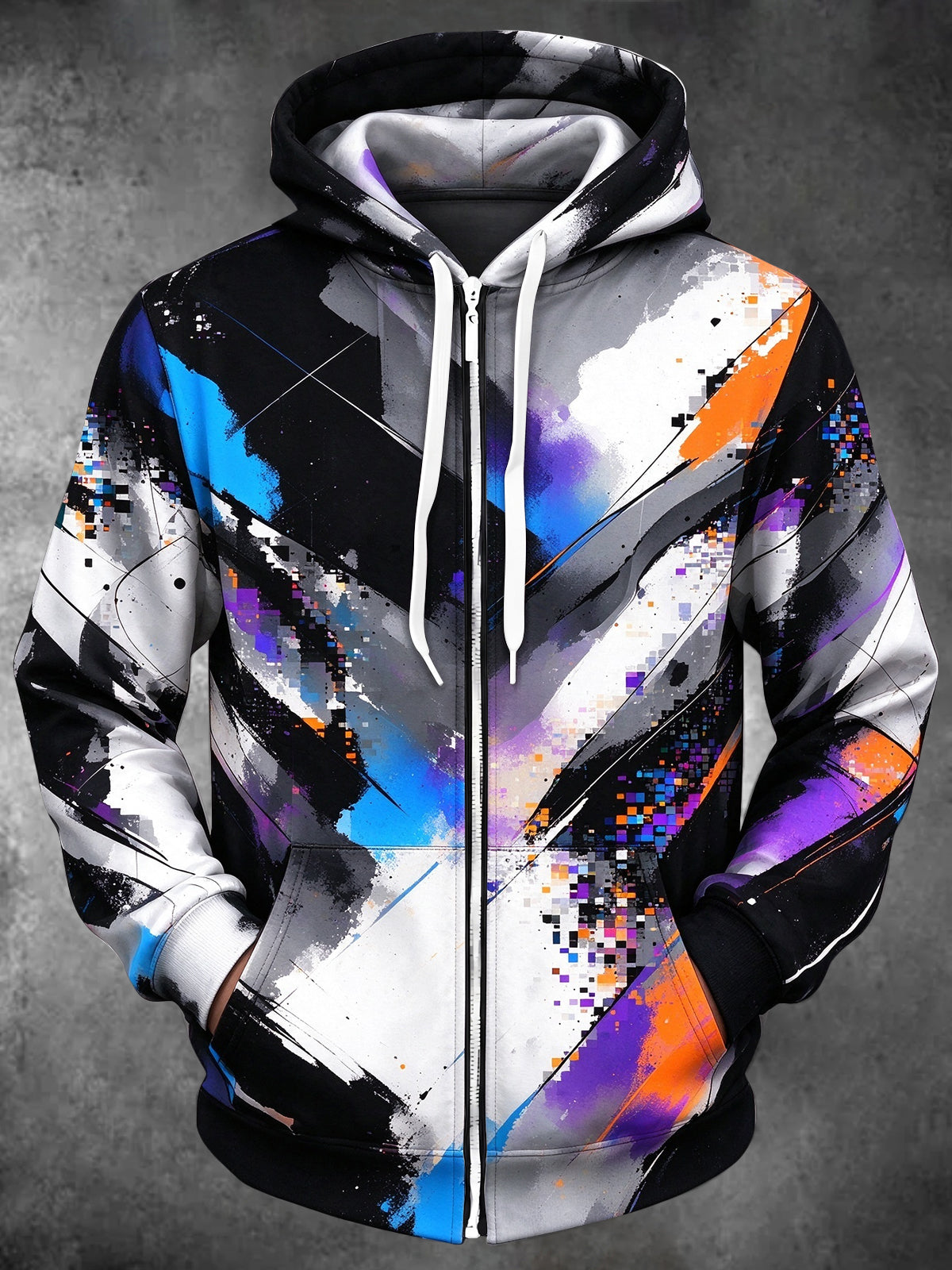 Adaychic Men's Long Sleeve Zip-Up Hoodie - Abstract Geometric Pixelated Splatter Print with Kangaroo Pocket