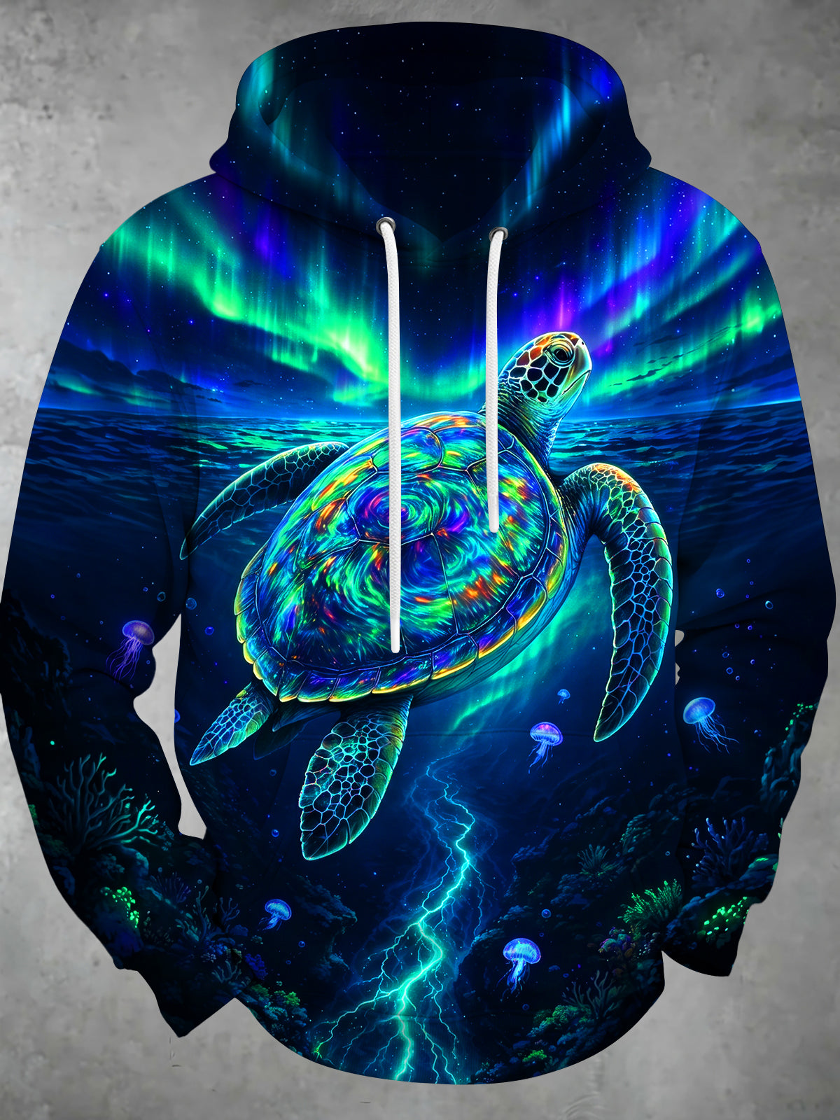 Adaychic Men's Iridescent Sea Turtle And Jellyfish Print Long Sleeve Hoodie