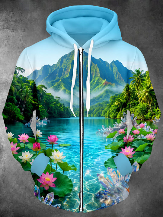 Adaychic Men's Long Sleeve Zip-Up Hoodie - Tropical Landscape With Mountains And Lake Print with Kangaroo Pocket