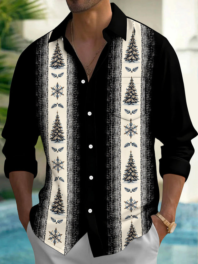 Adaychic Men's Printed Christmas Trees And Snowflakes Print Long Sleeve Shirt with Chest Pocket