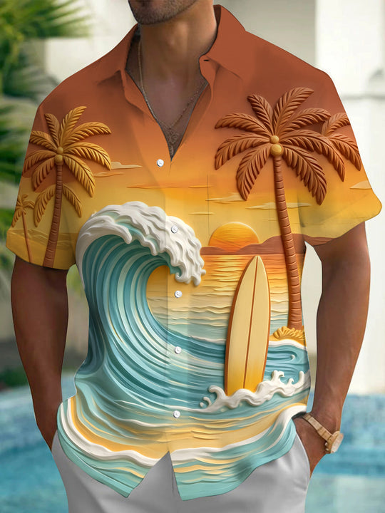 Adaychic Men's Palm Tree And Surfboard Sunset Wave Print Short Sleeve Shirt with Chest Pocket